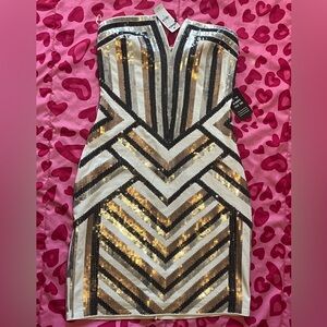 Express Sequin Chevron Mini Dress in Gold, Black & Cream